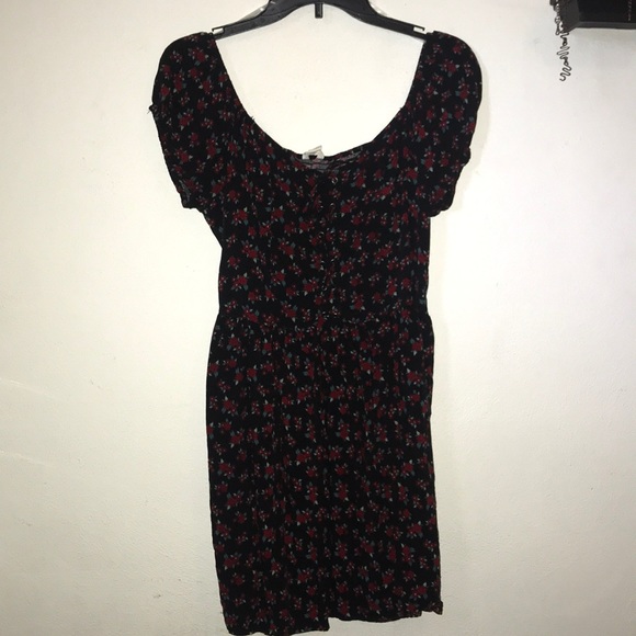 Black over the shoulder dress with red flowers. - Picture 1 of 3